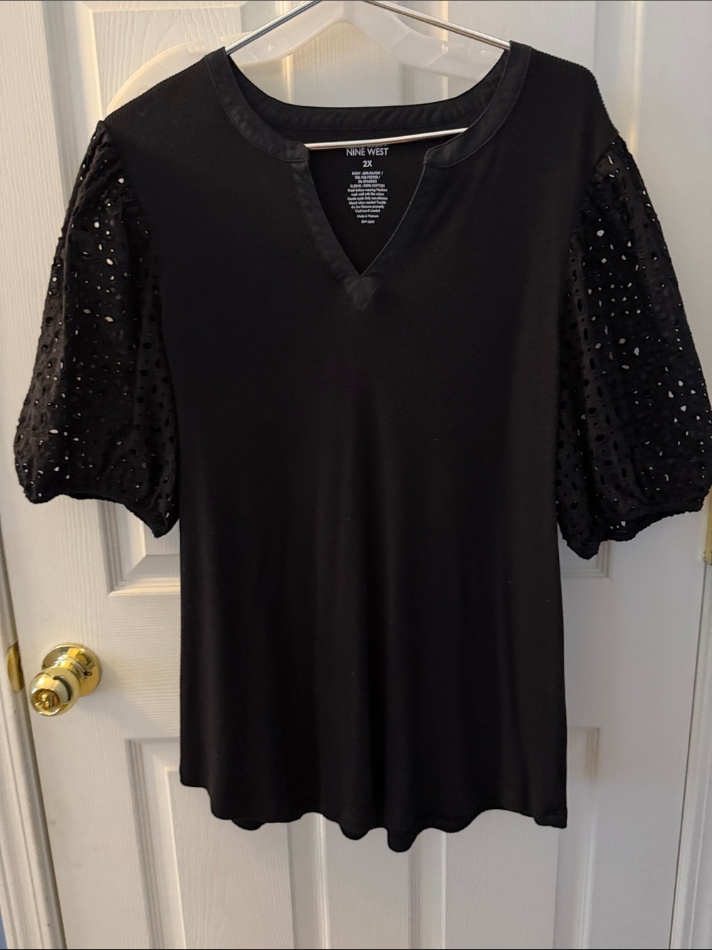 Nine West Black Puff Sleeve Ribbed Knit Top with Dotted Mesh